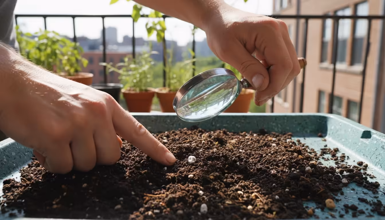 Close-up of gardener's hands using a magnifying glass to inspect used potting mix for early signs of mold on a balcony tray.