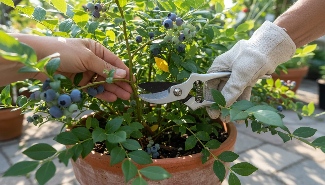Close-up of gardener's hands using pruners to cut a rubbing branch on a potted blueberry bush, yellow leaves visible.