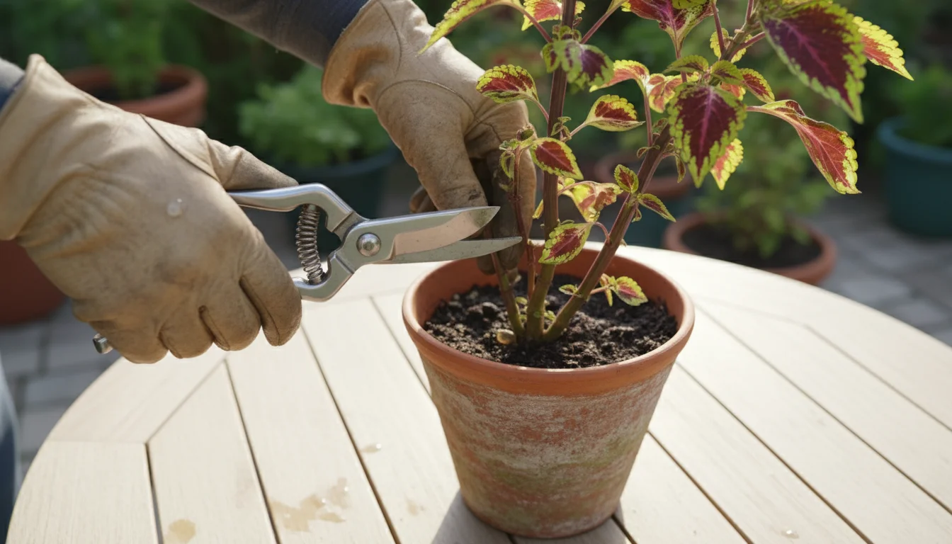Gardener's hands using sharp bypass shears to make a precise 45-degree cut on a variegated coleus stem, just below a prominent node. The plant is in a