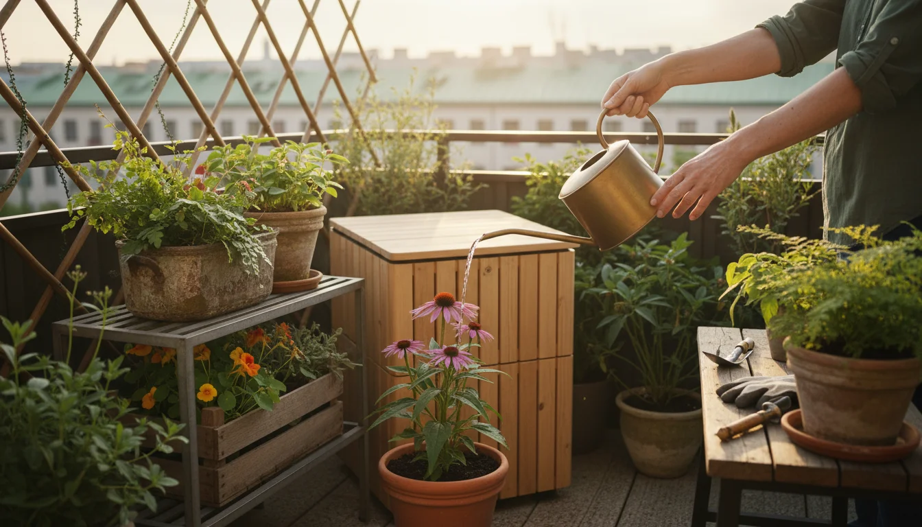 Gardener's hands water a container perennial on a balcony, with a compost bin and repurposed pots visible.