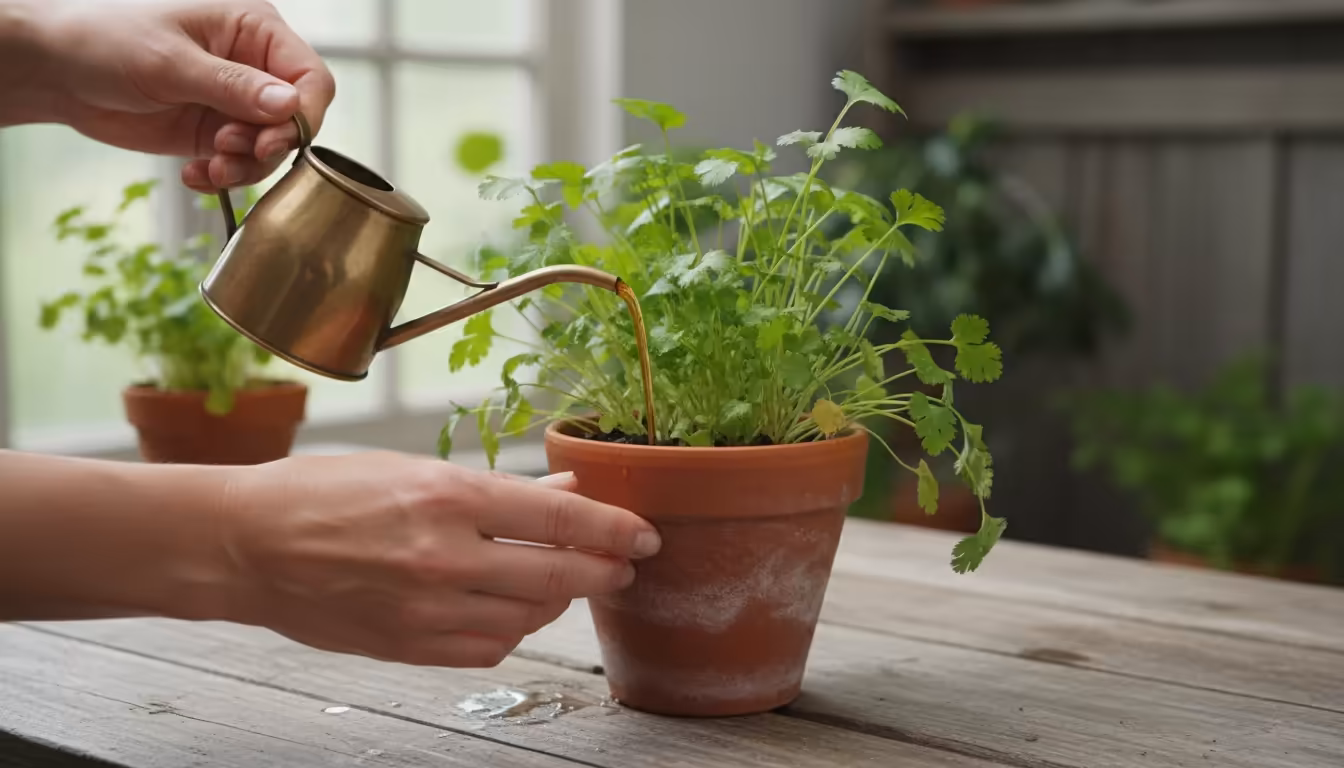 A gardener's hands gently water a healthy cilantro plant in a terracotta pot with diluted liquid fertilizer from a brass watering can on a sunny balco