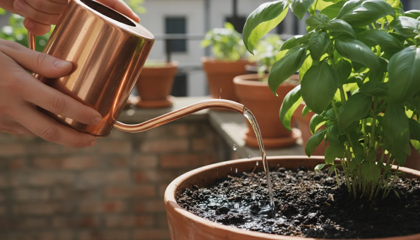 Gardener's hands gently water a lush container herb plant with a copper can on a sunny balcony, preparing the soil for fertilization.