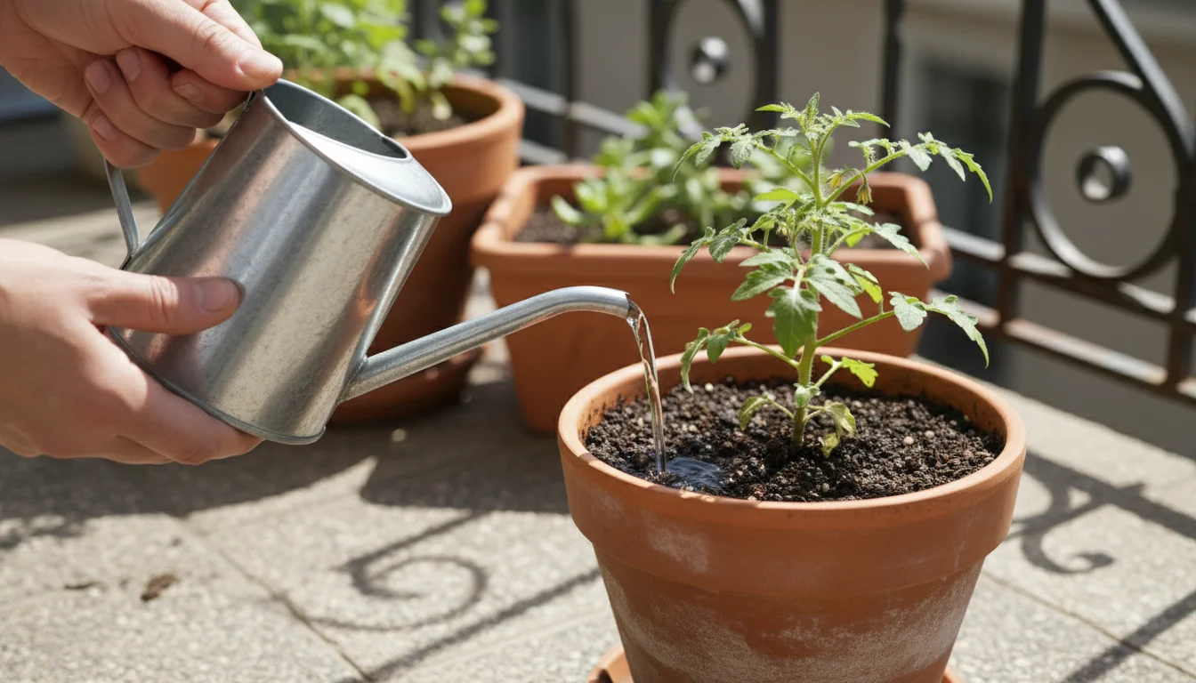 A gardener's hands water a 'Micro-Tom' tomato plant in a terracotta pot on a sunny patio using a small watering can.