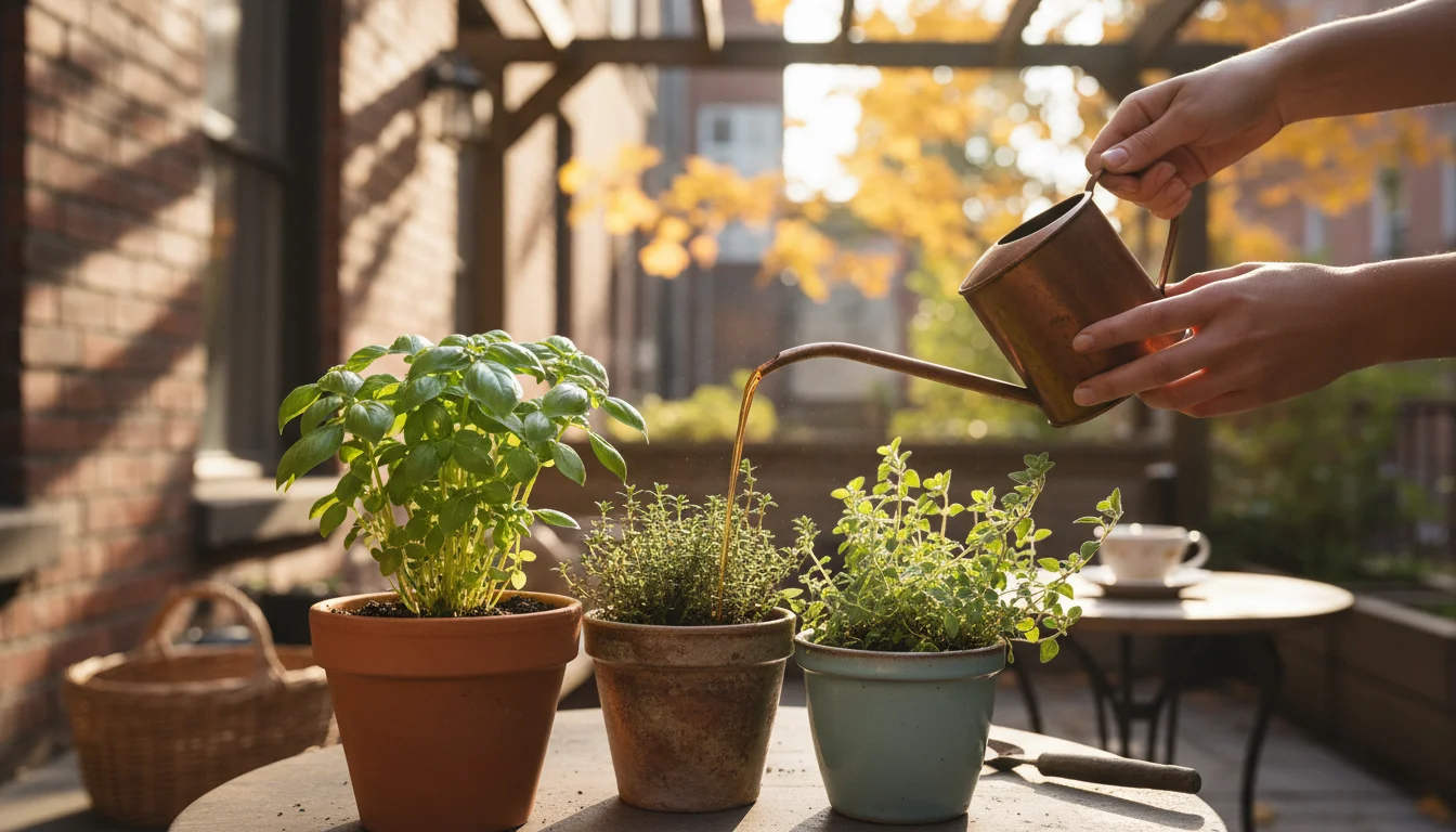 A gardener's hands carefully water recently pruned container herbs with liquid fertilizer on a small patio, showing new green growth.