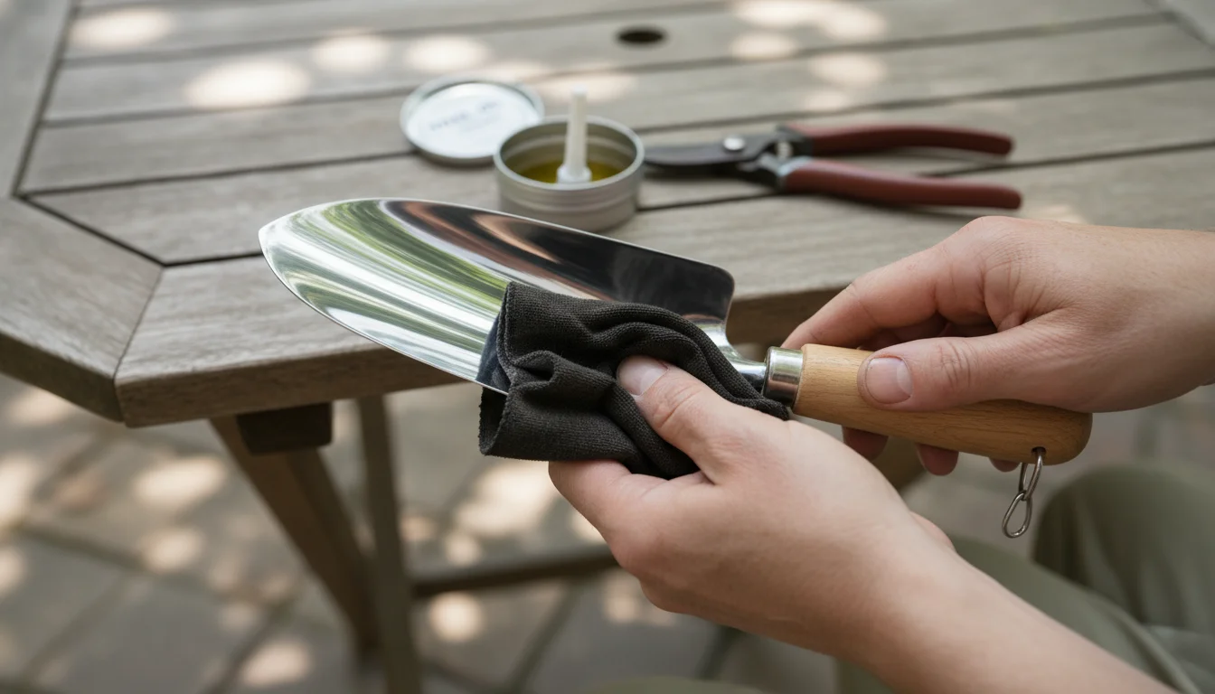 A gardener's hands wipe a clean metal hand trowel with an oily cloth on a patio table, preparing it for winter storage.