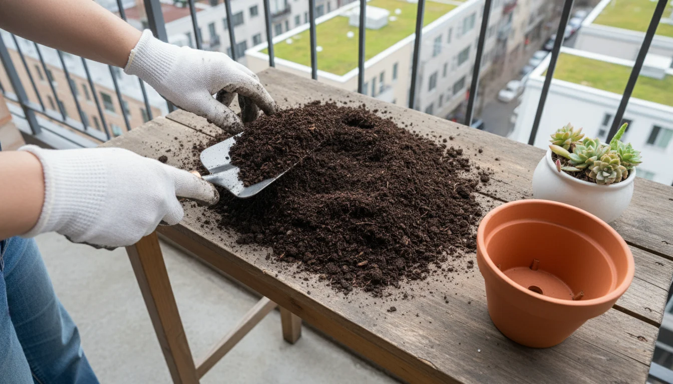 Gardener's hands on a wooden potting bench mixing dark, revitalized soil and compost, with an empty terracotta pot on an urban balcony.