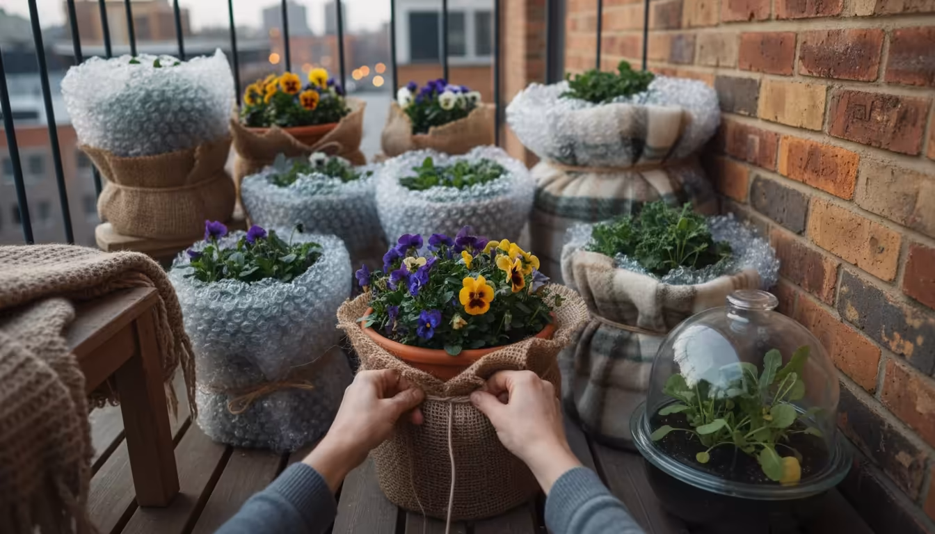 Gardener's hands wrap a pansy-filled terracotta pot with burlap for winter, surrounded by insulated, grouped containers on a small balcony.