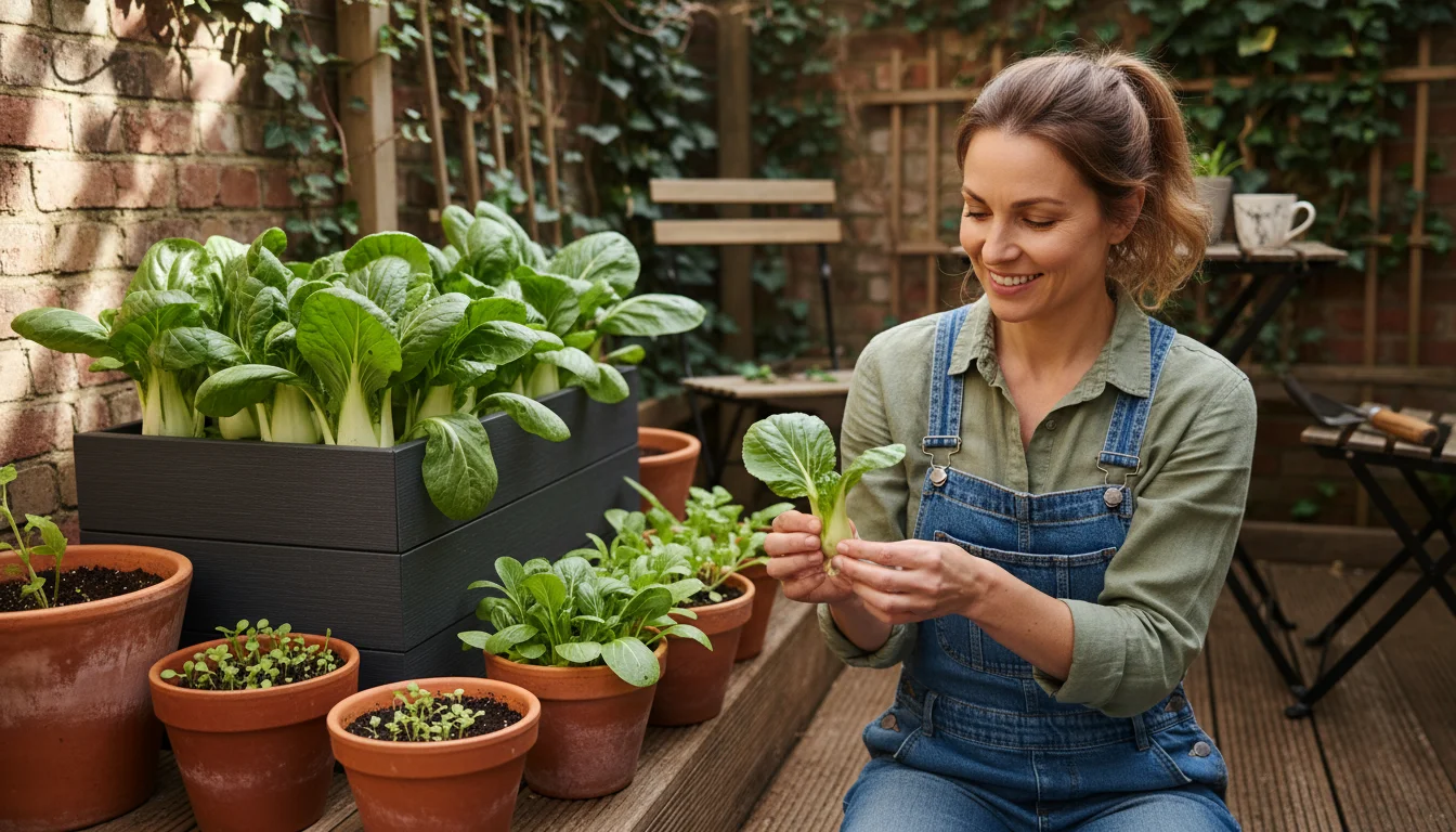 Gardener harvesting a large, crisp pak choi leaf from a container on a small urban patio, surrounded by pak choi at various growth stages.