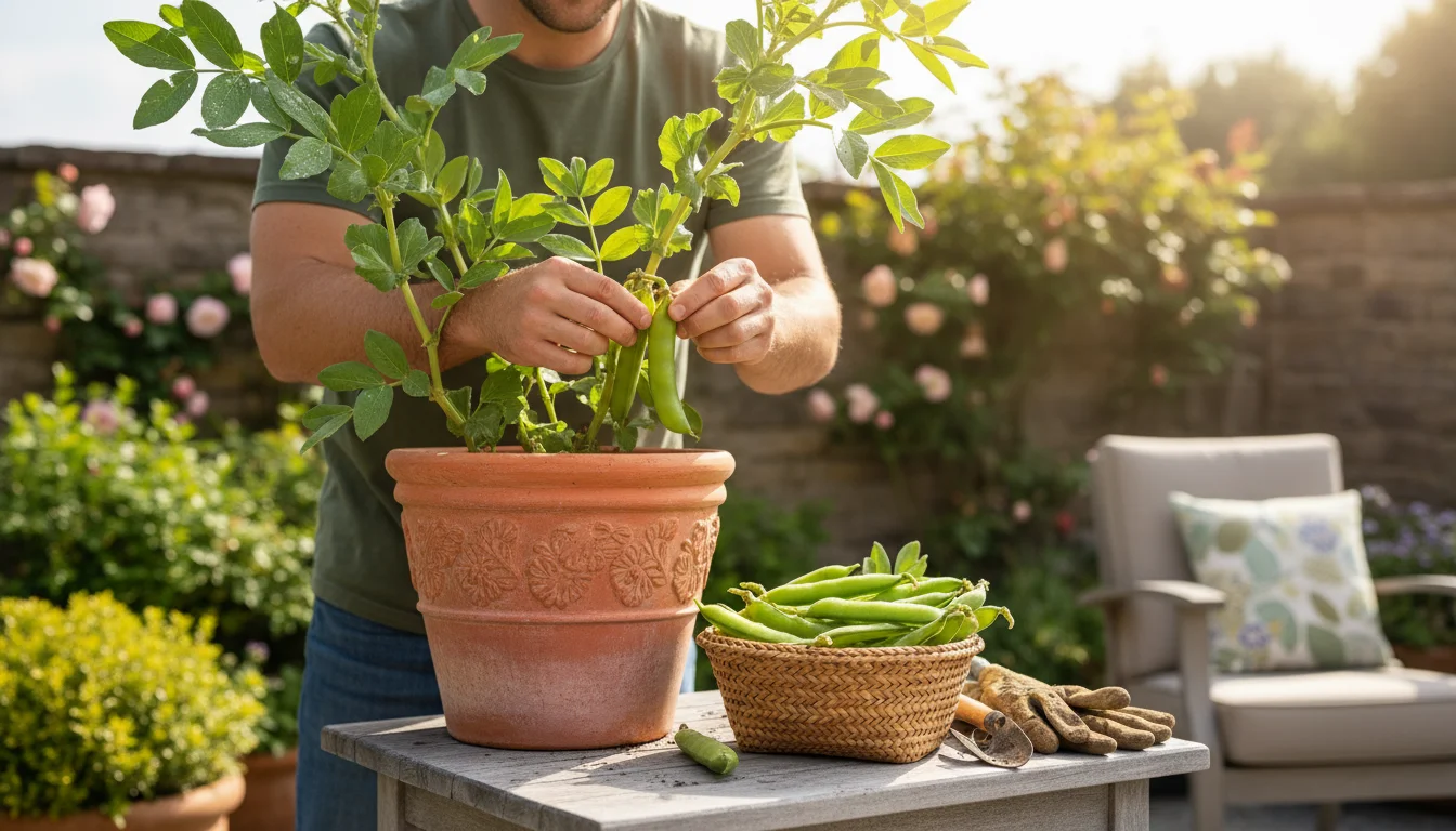 A gardener harvesting plump fava bean pods from a terracotta pot on a sunny patio, with a basket of harvested beans nearby.