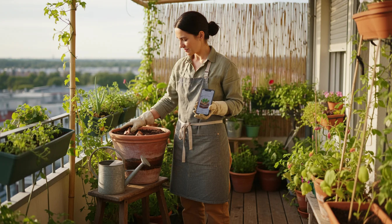 A gardener on her urban balcony thoughtfully examines a newly planted 'lasagna' bulb pot, holding her phone for reference.