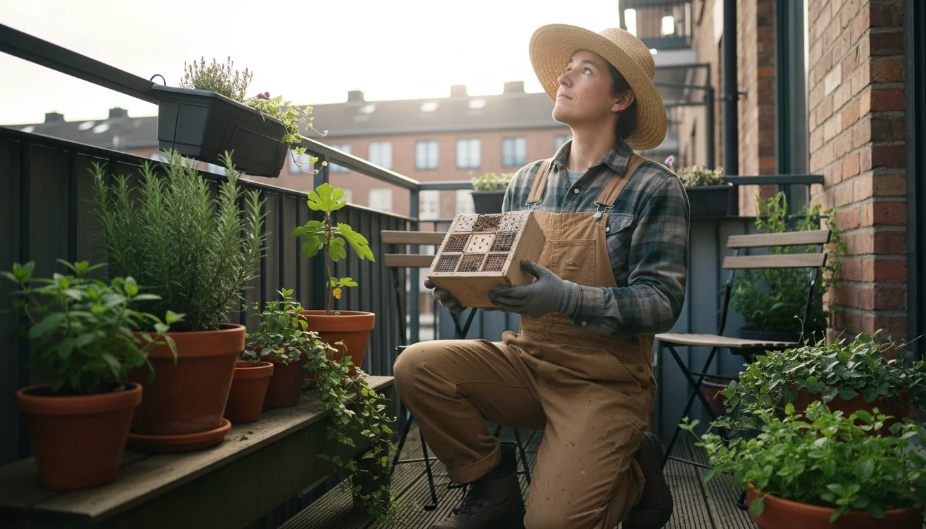 A gardener holds a small weathered wooden box on an urban balcony, looking for a spot to place it amidst potted plants.