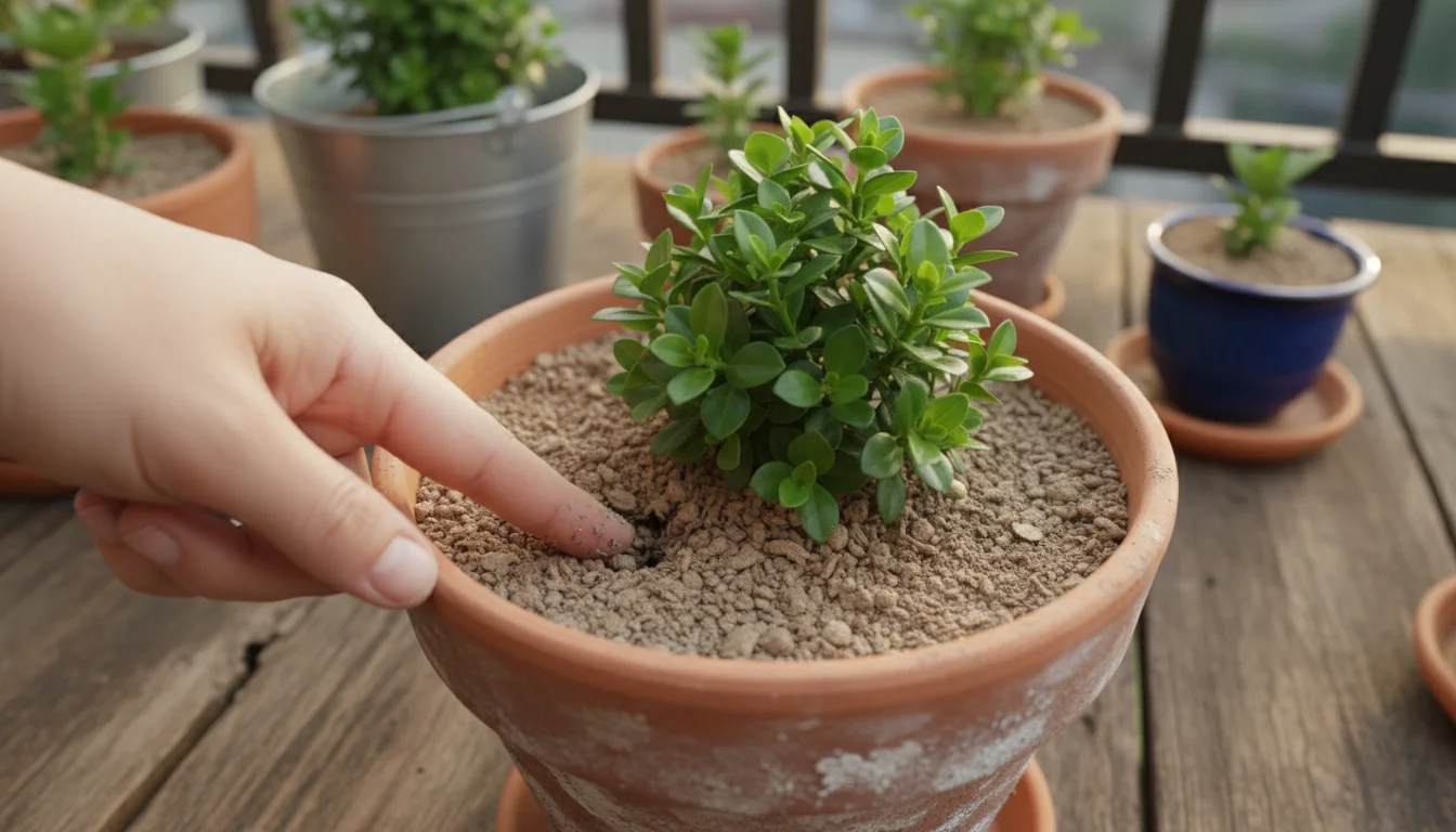 A gardener's index finger tests the soil moisture in a terracotta pot with a leafy plant on a small patio, illustrating proper watering.
