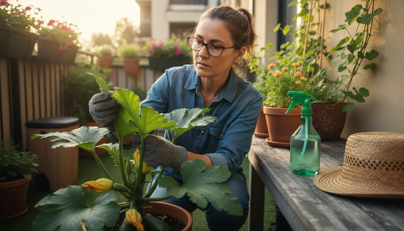 Gardener inspecting the underside of a zucchini leaf in a terracotta pot on a patio bench. An eco-friendly spray bottle is nearby.