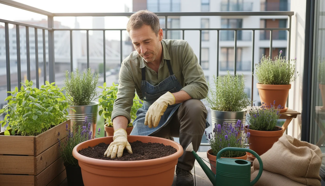 A gardener inspects depleted soil in a terracotta pot on an urban balcony, looking thoughtful about soil rejuvenation.