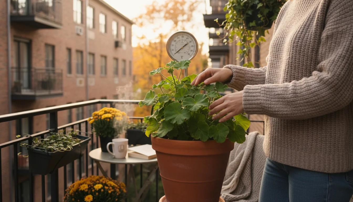 A gardener inspects a potted geranium's healthy, non-flowering stem on a small balcony. An outdoor thermometer is visible.
