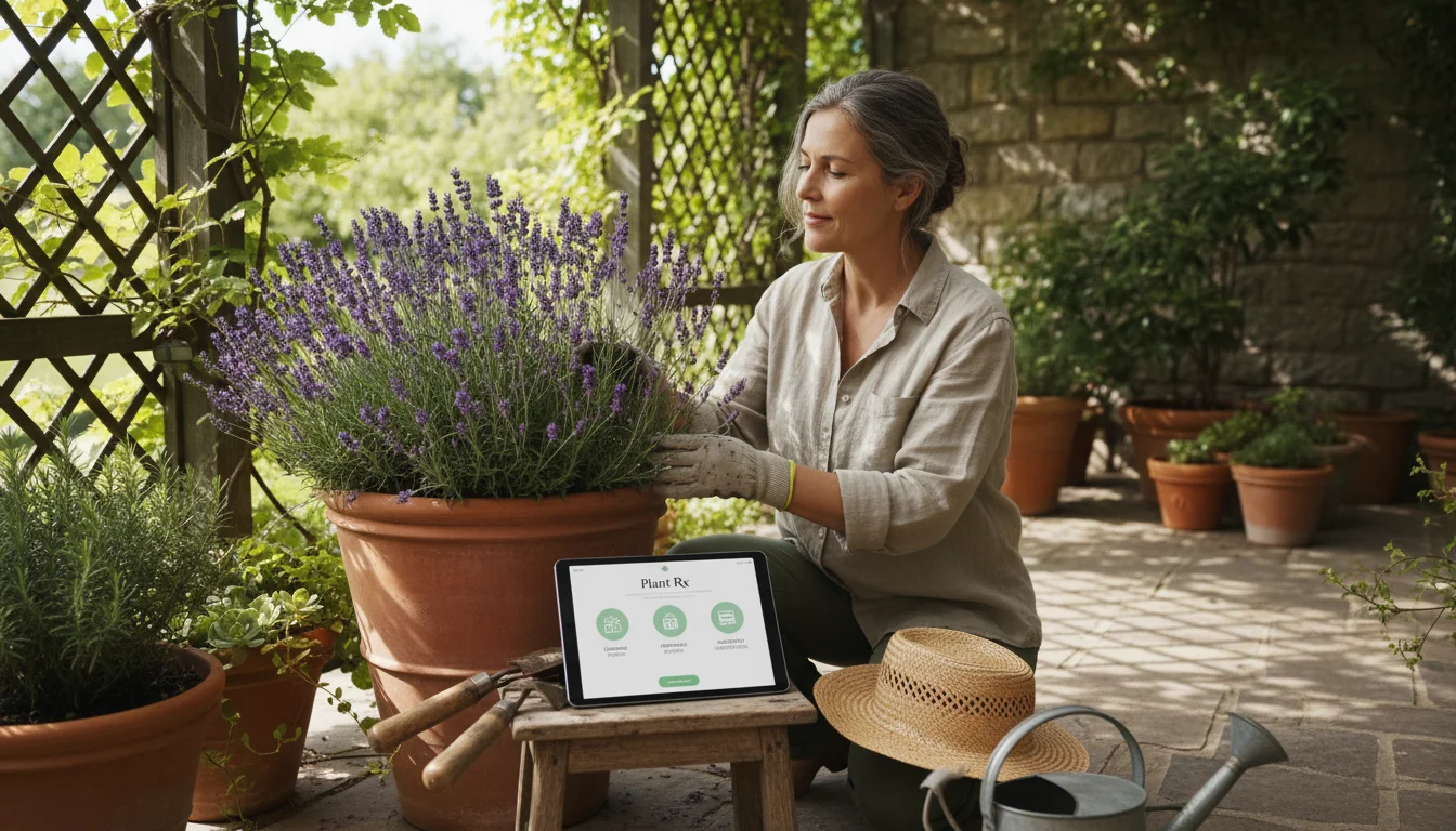 A gardener inspects a potted lavender plant on a sunny patio, with a tablet displaying a gardening app on a stool nearby.