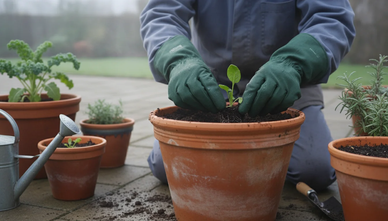 Gardener in insulated green gloves planting a spinach seedling into damp soil in a terracotta pot on a cool patio.