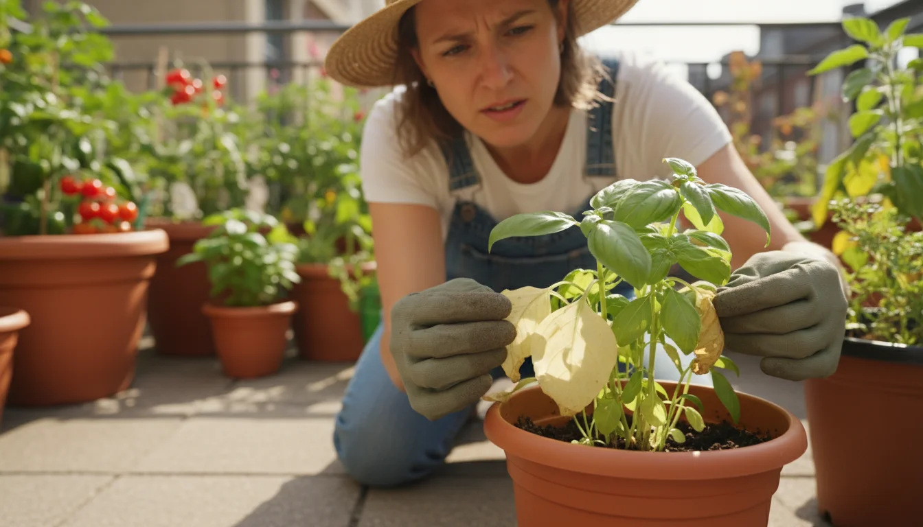 Gardener intently inspecting yellowing leaves on a container basil plant on a sunny patio, with other potted plants in background.