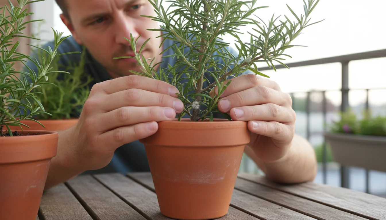 A gardener intently inspects a rosemary plant in a terracotta pot on a balcony table, looking closely for pests.