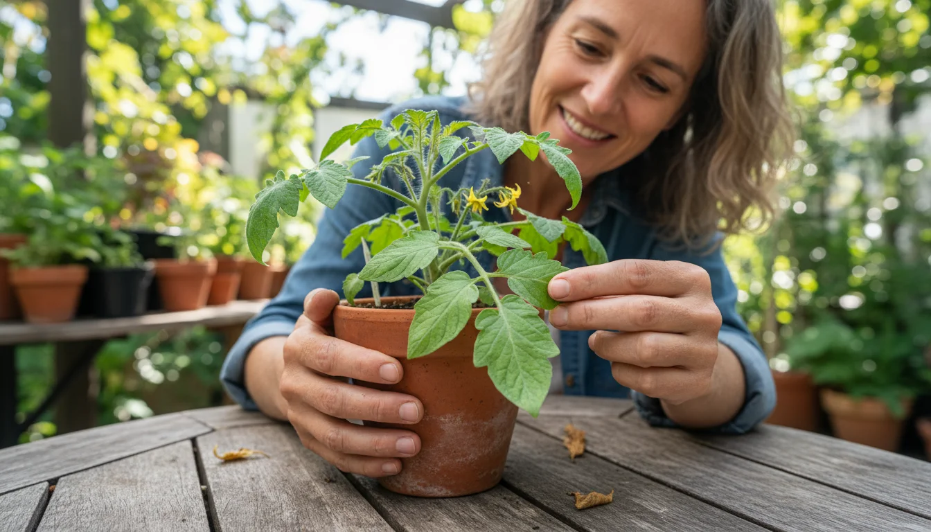 Gardener intently inspects the underside of a dwarf tomato plant leaf in a terracotta pot on a sunny patio, checking for pests.