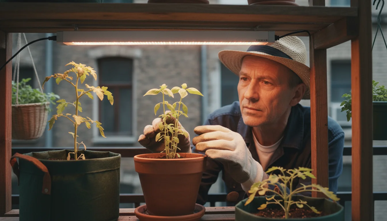 Gardener intently examining a pale, slightly stretched basil plant in a terracotta pot on a balcony shelf, with a grow light above.