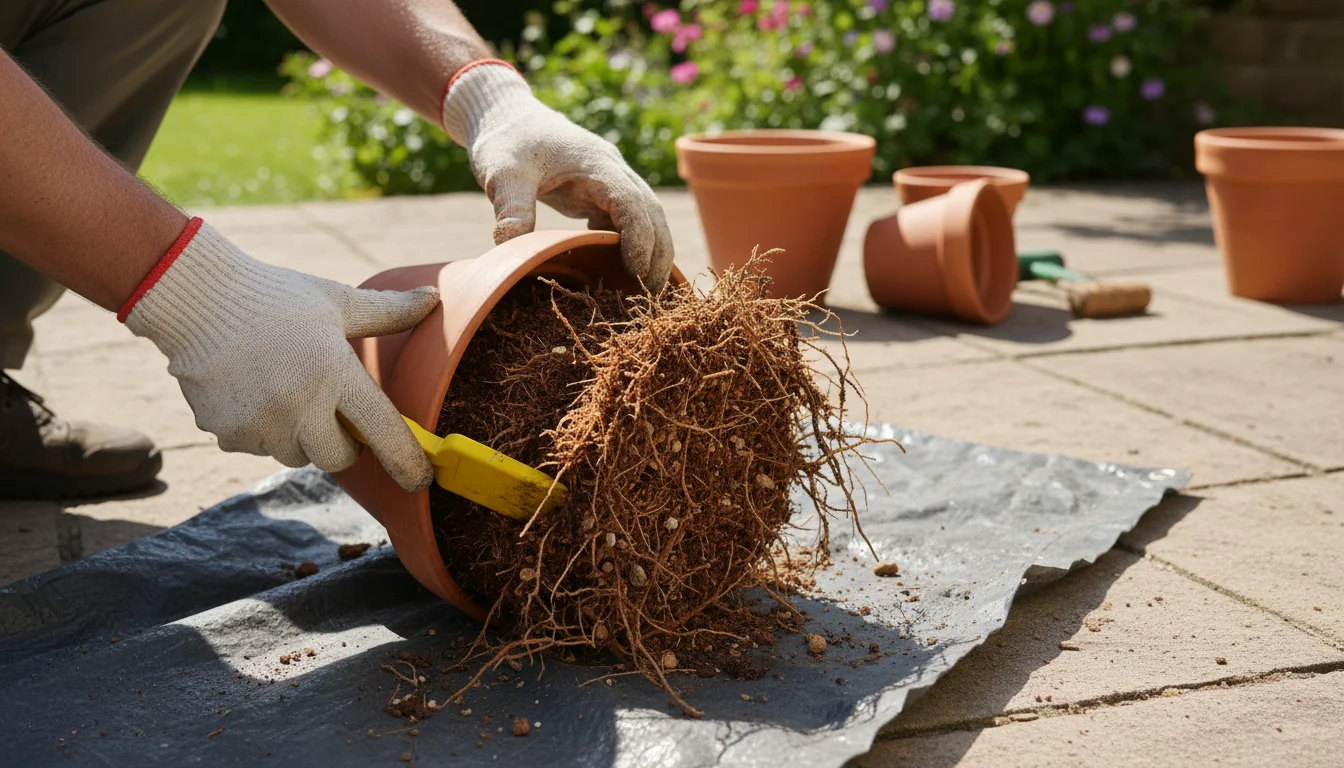A gardener inverts a terracotta pot, revealing a large root ball and soil onto a tarp, with a yellow scraper in hand.