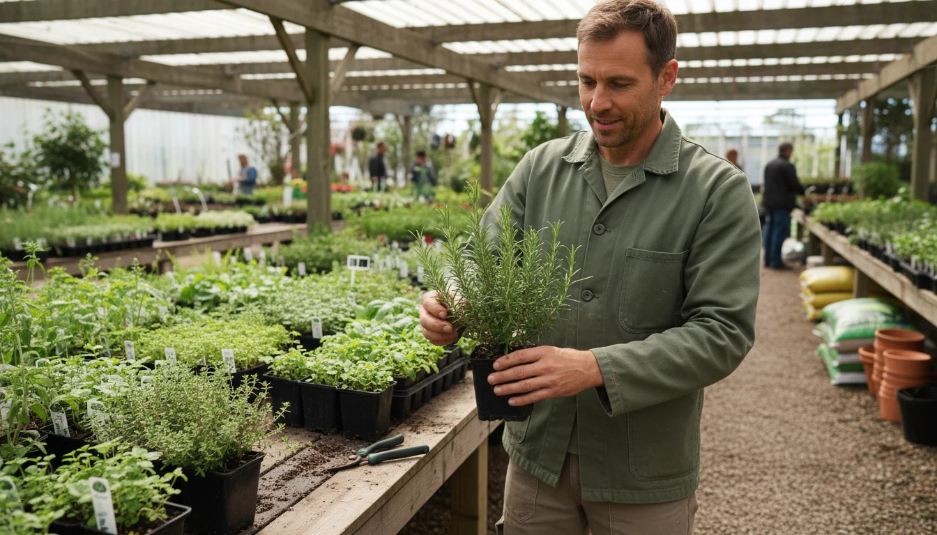 Gardener in a jacket inspecting a small potted rosemary plant for health at an outdoor garden nursery.