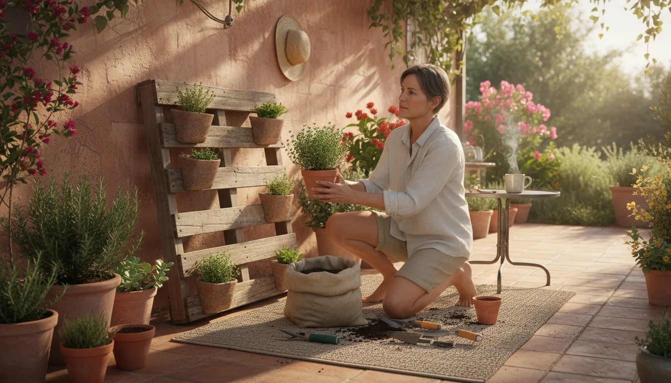 Gardener kneeling on a patio, holding a potted herb, deciding its spot in a partially planted vertical pallet garden.