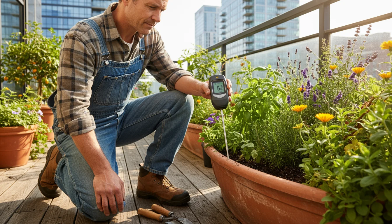 Gardener kneels on a balcony, holding a digital pH meter with a bent probe. A buffer solution vial sits nearby, showing mild frustration.