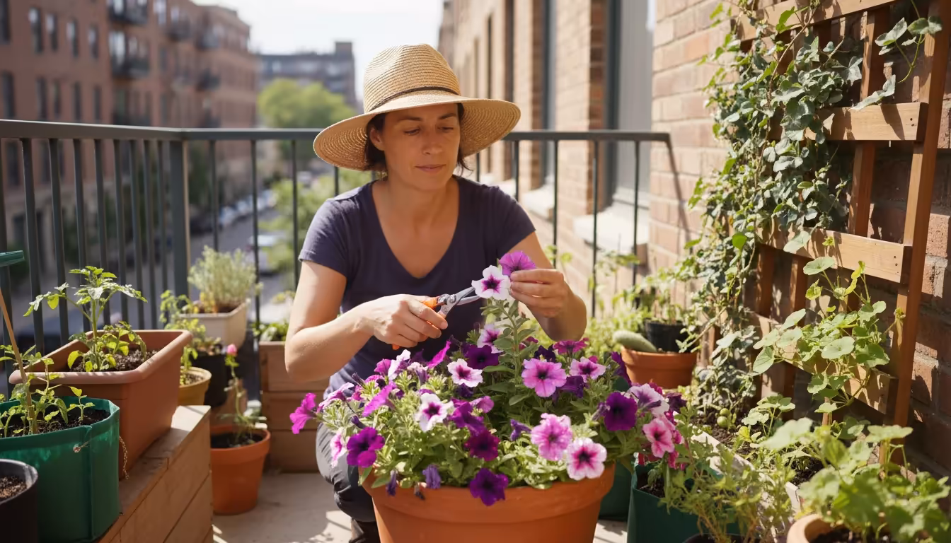 A gardener kneels on a balcony, inspecting a container petunia plant for powdery mildew, holding pruning snips.