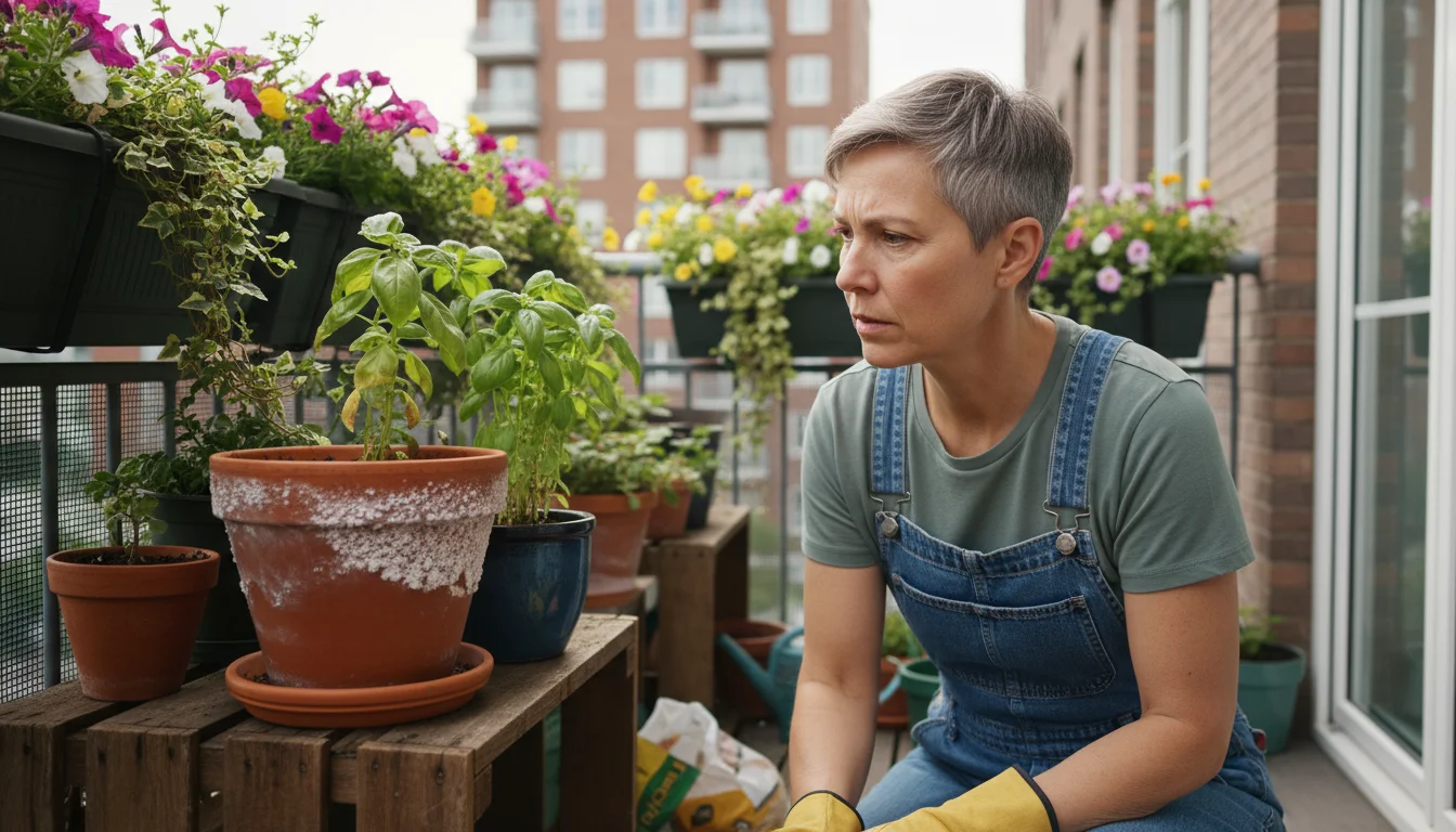 A gardener kneels on a balcony, intently observing a terracotta pot with white crust and a basil plant with pale leaves, surrounded by other potted pl