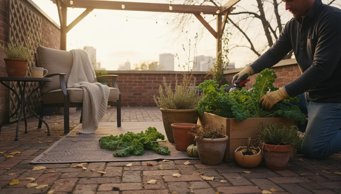 A gardener kneels on a brick patio at dusk, harvesting kale, beets, basil, and green tomatoes from various containers and pots.
