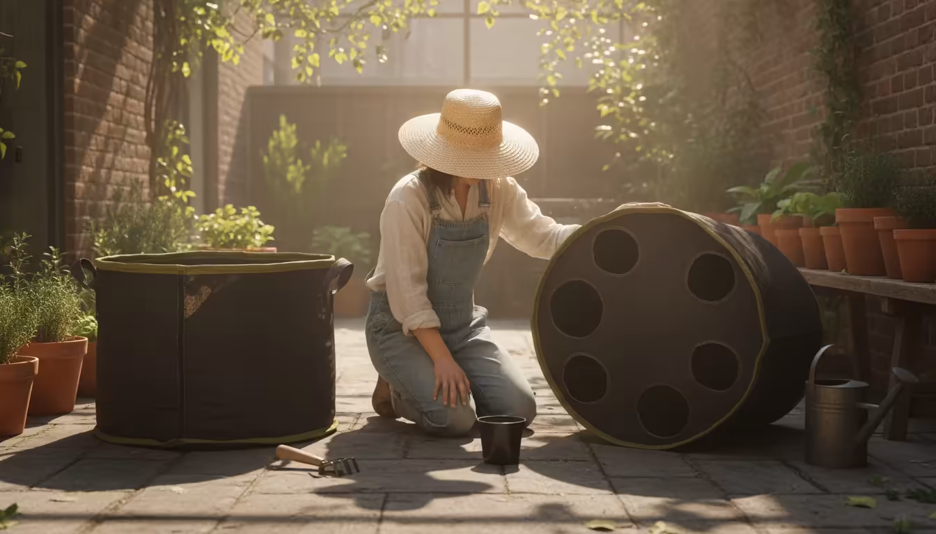 A gardener kneels on a patio beside two large, empty fabric grow bags, one tilted to prominently show its drainage holes. A tiny pot sits nearby.