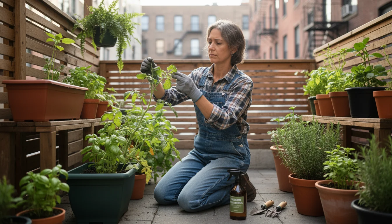 A gardener kneels on a patio, closely inspecting a container tomato plant for pests, with a natural spray bottle nearby.