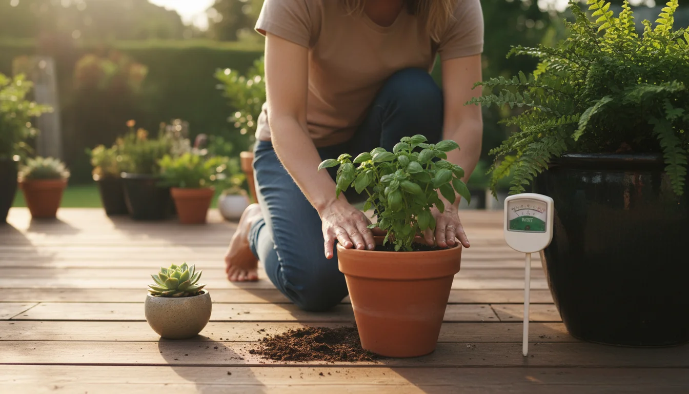 A gardener kneels on a patio deck, performing the finger test on a basil plant in a terracotta pot, with a moisture meter visible in a fern pot nearby