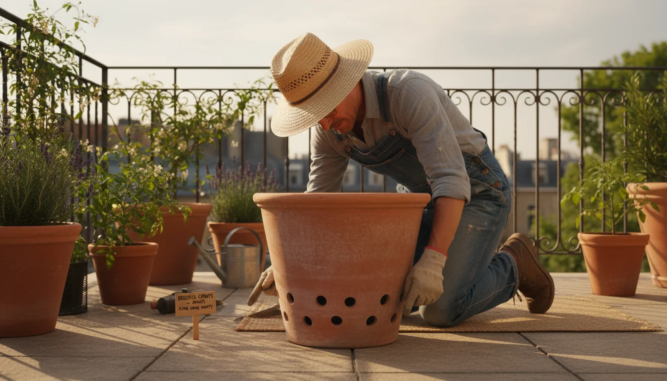 A gardener kneels on a patio, inspecting multiple drainage holes on the bottom of a large, empty terracotta pot.