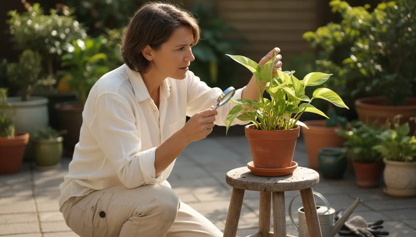 A gardener kneels on a patio, using a magnifying glass to inspect a potted houseplant's leaves for pests. Other plants are in the background.