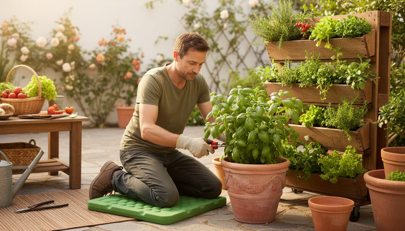 A gardener kneels on a patio, wearing gloves and a knee pad, pruning a basil plant in a terracotta pot with a vertical planter in the background.