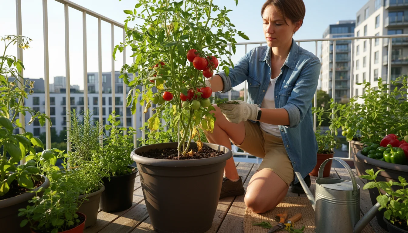 A gardener kneels on a sunny balcony, gently removing a yellowed leaf from a healthy container tomato plant, with other pots in the background.