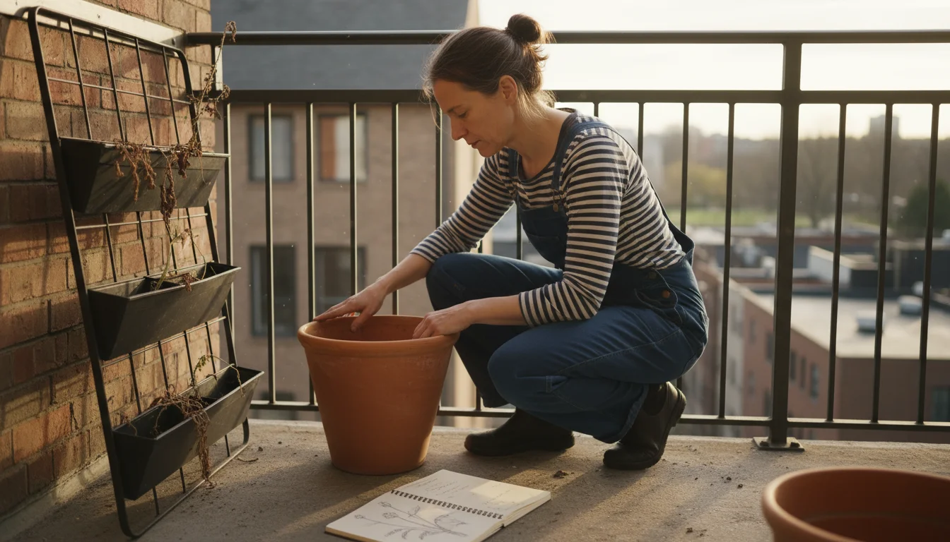 A gardener kneels on an urban balcony, touching soil in an empty pot, with a notebook open beside them, suggesting planning.