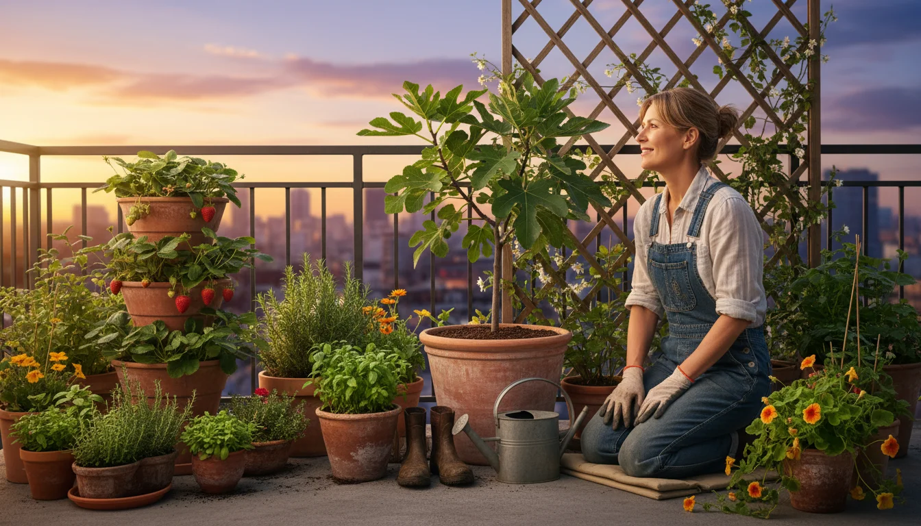 A gardener kneels in a vibrant urban balcony garden, surveying diverse container plants like a fig tree and herbs, with well-used pruners on a stool.