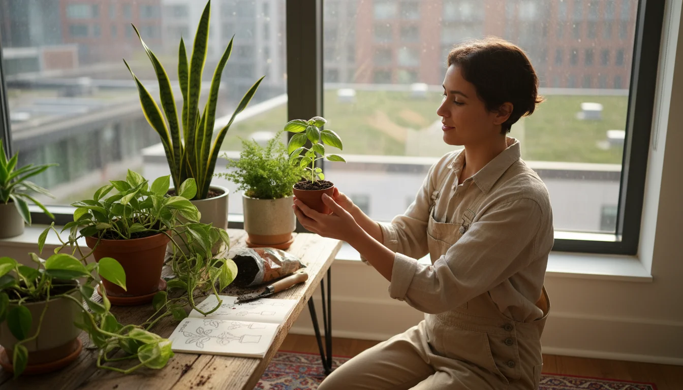 A gardener kneels by a window, thoughtfully assessing light and placement for potted houseplants on a wooden bench.