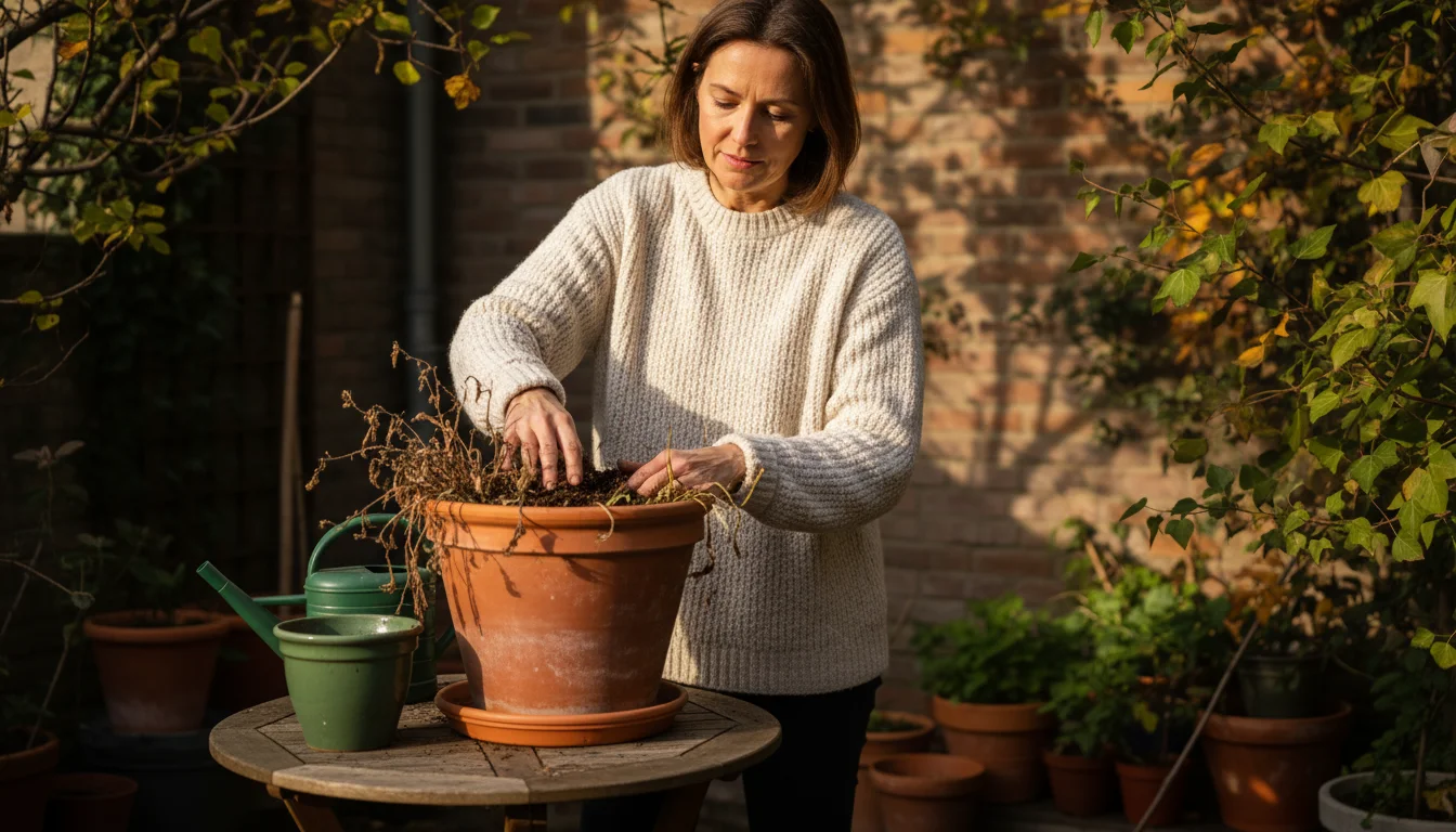 A gardener in a knit sweater thoughtfully examines the soil in a large terracotta pot of spent annuals on a small urban patio.