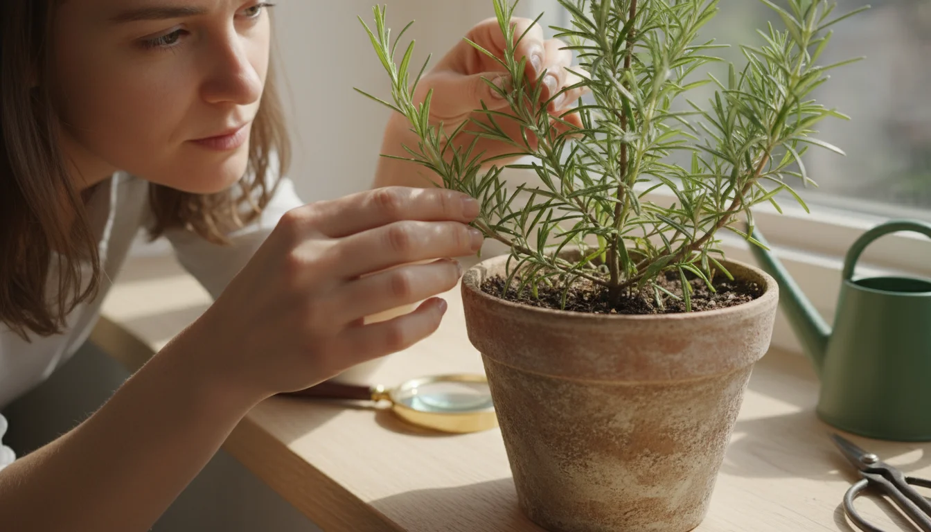 A gardener meticulously inspects a potted rosemary plant on a sunlit windowsill, looking for tiny pest infestations.
