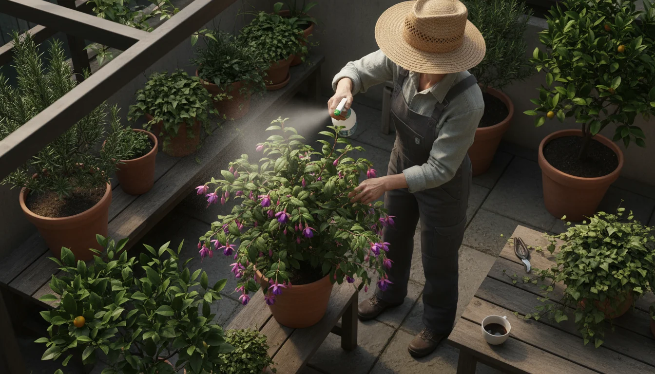 Gardener meticulously sprays commercial insecticidal soap on the underside of fuchsia leaves in a terracotta pot on a sun-dappled patio, early morning