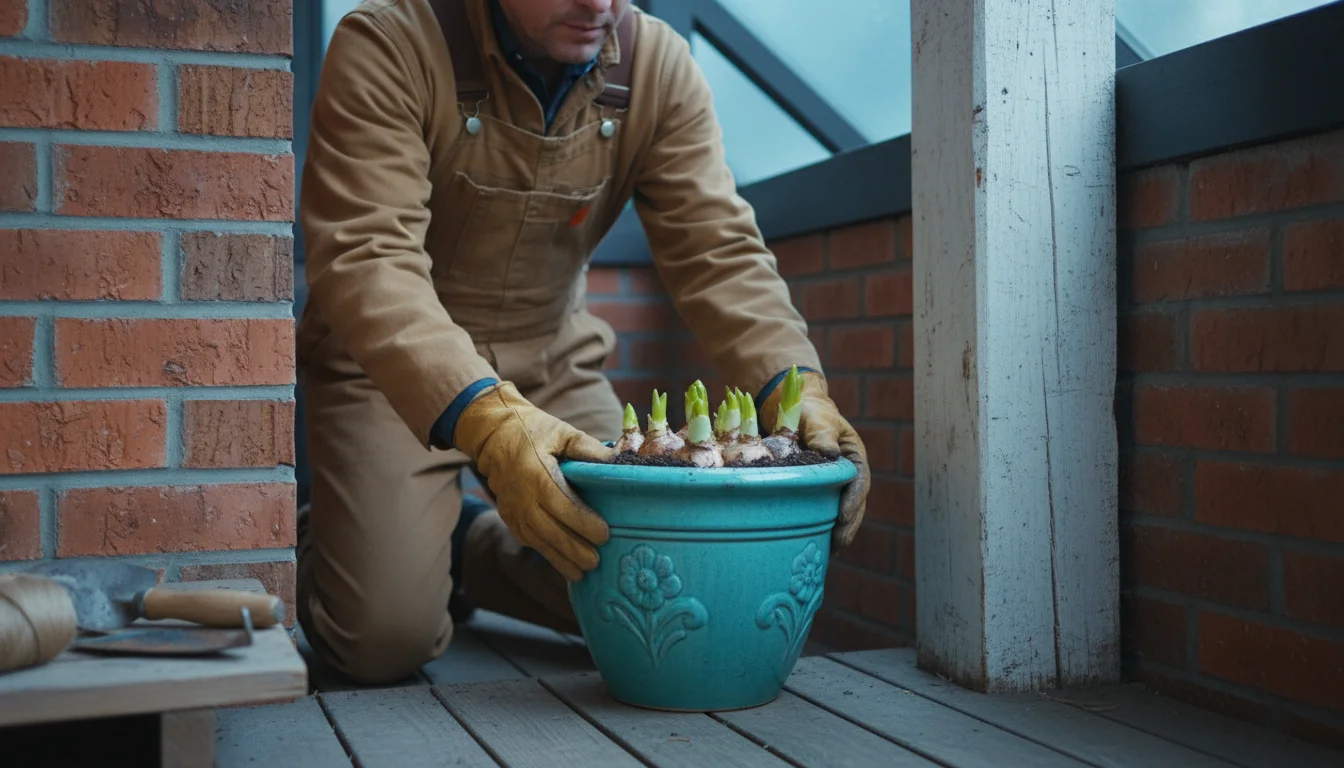 A gardener moves a medium ceramic pot with green bulb shoots to a sheltered porch corner by a brick wall.