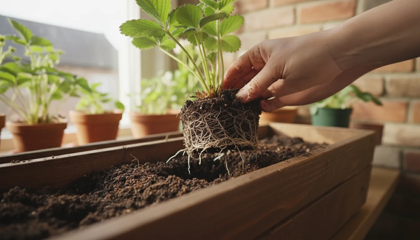 A gardener's muddy hands carefully spread the fine white roots of a bare-root strawberry plant into dark soil in a deep window box.