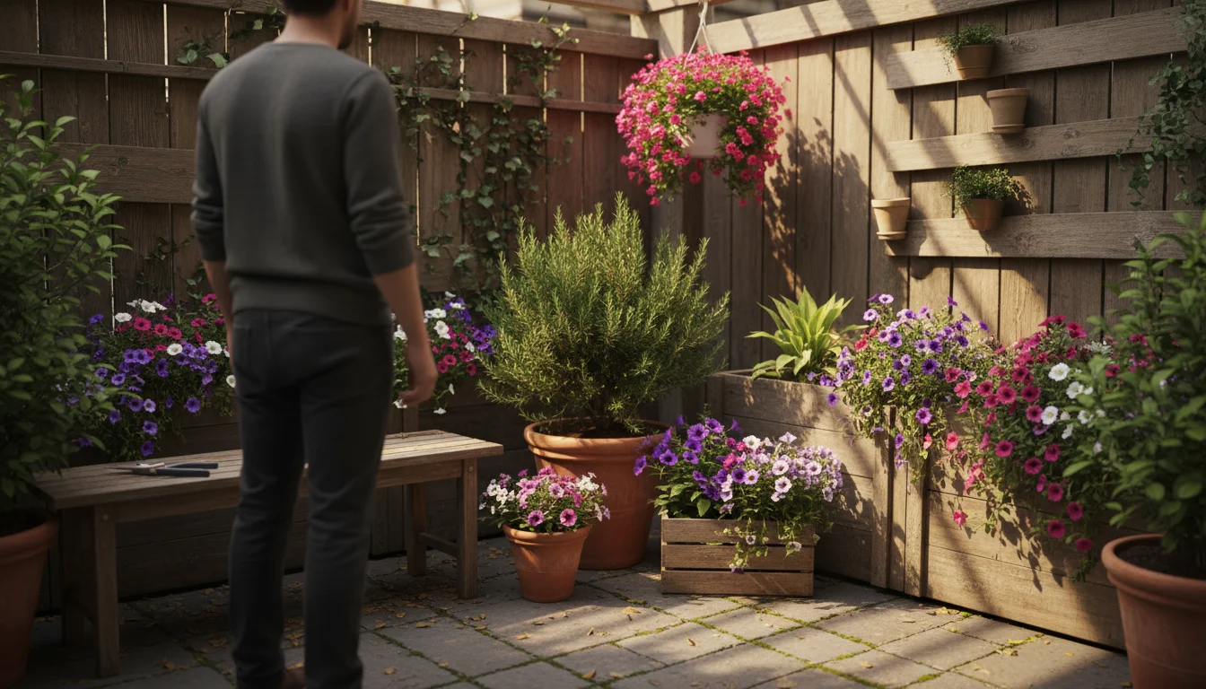 A gardener observes diverse container plants, including rosemary, fuchsia, and petunias, on a sunlit patio, holding pruners thoughtfully.