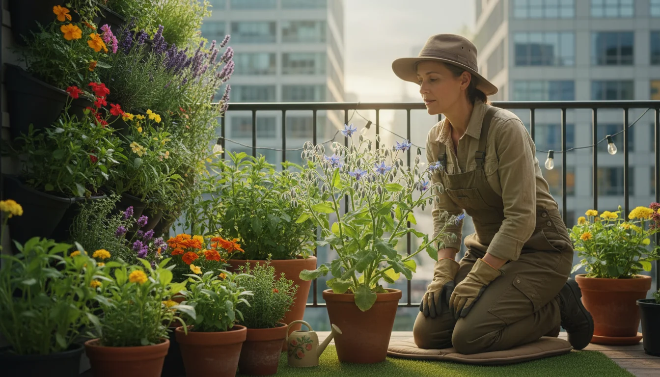 A gardener observes a ladybug larva on a borage plant in an urban balcony container garden, with subtle shade and water conservation features.