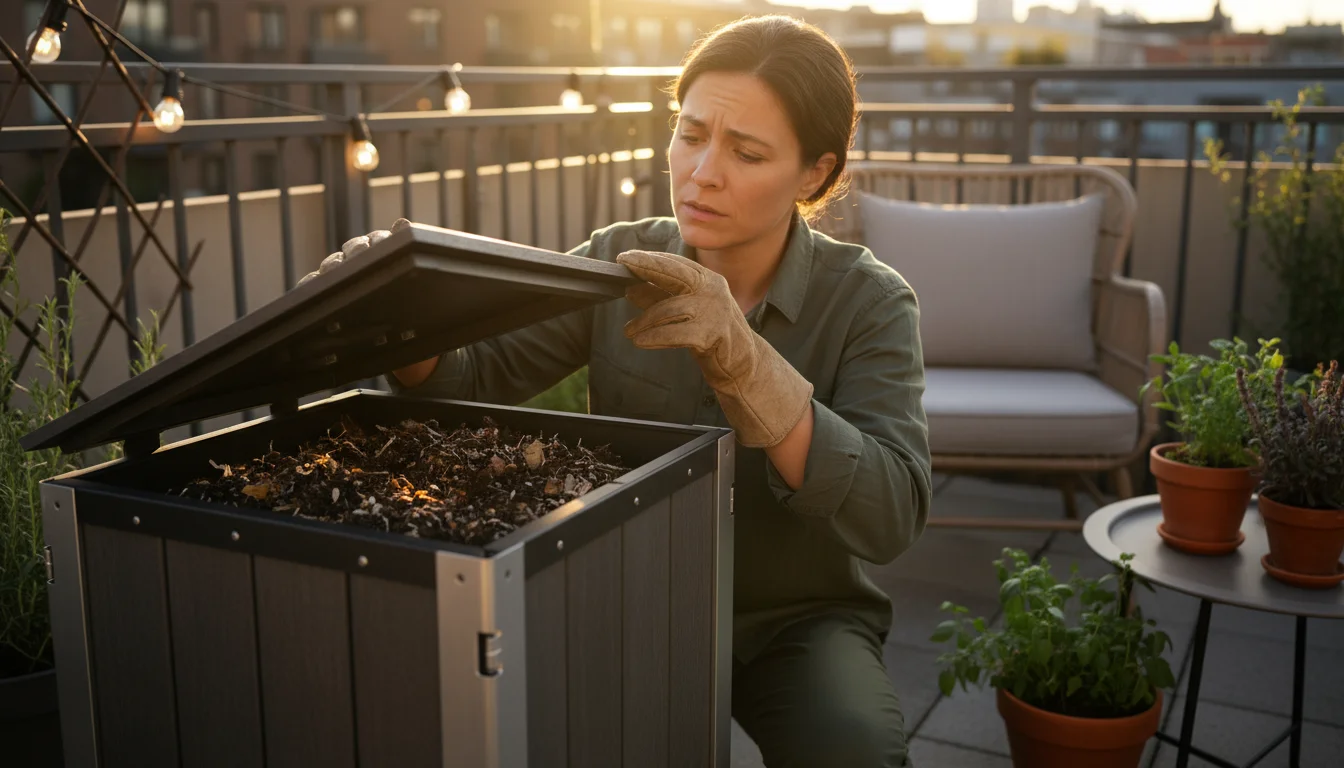 A gardener observes slightly wet compost with fruit flies in a stylish small bin on a sunlit patio, surrounded by potted plants.